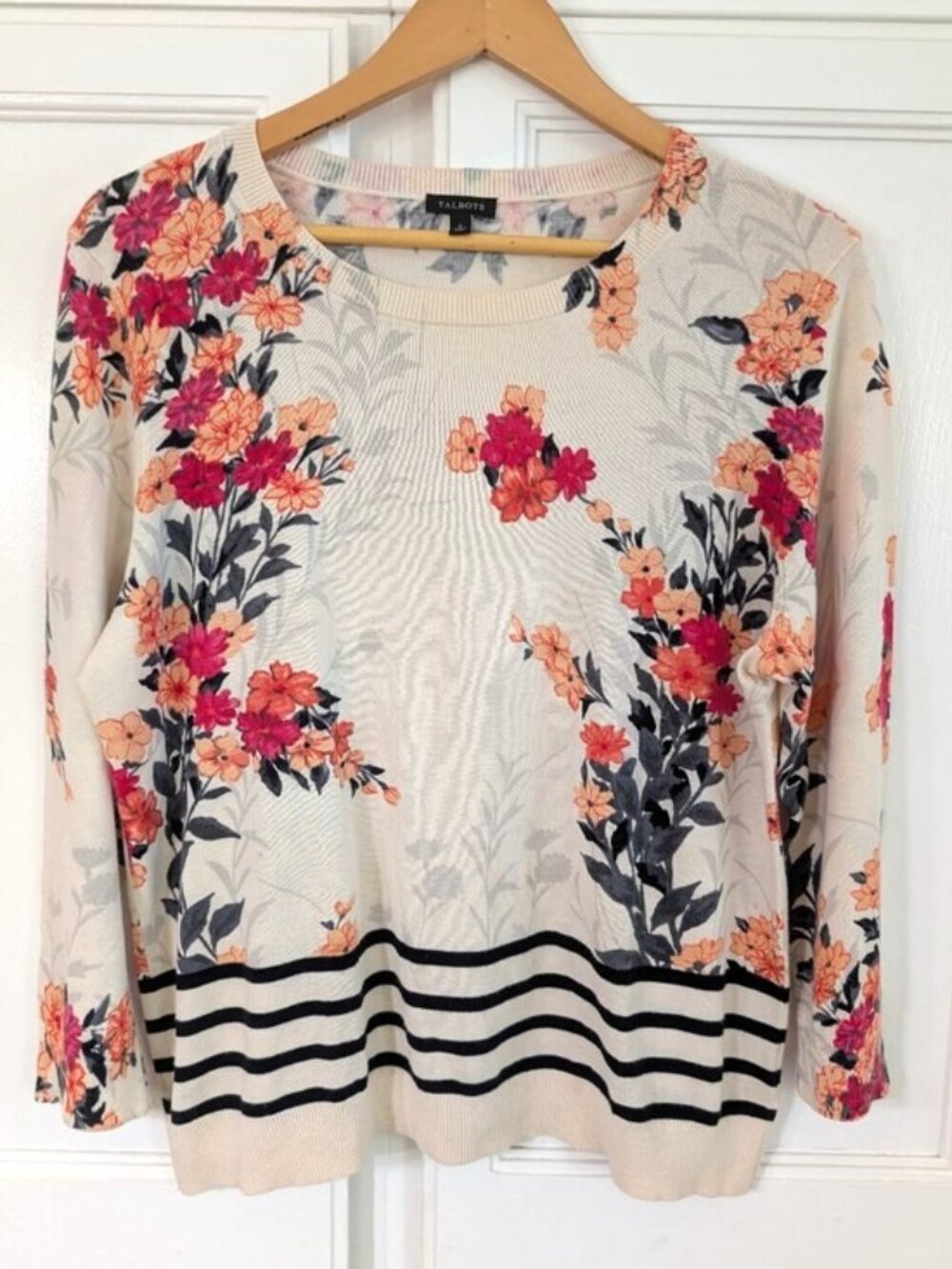 Talbots Cream Floral Stripe Crew Sweater with Pink & Peach Blooms L